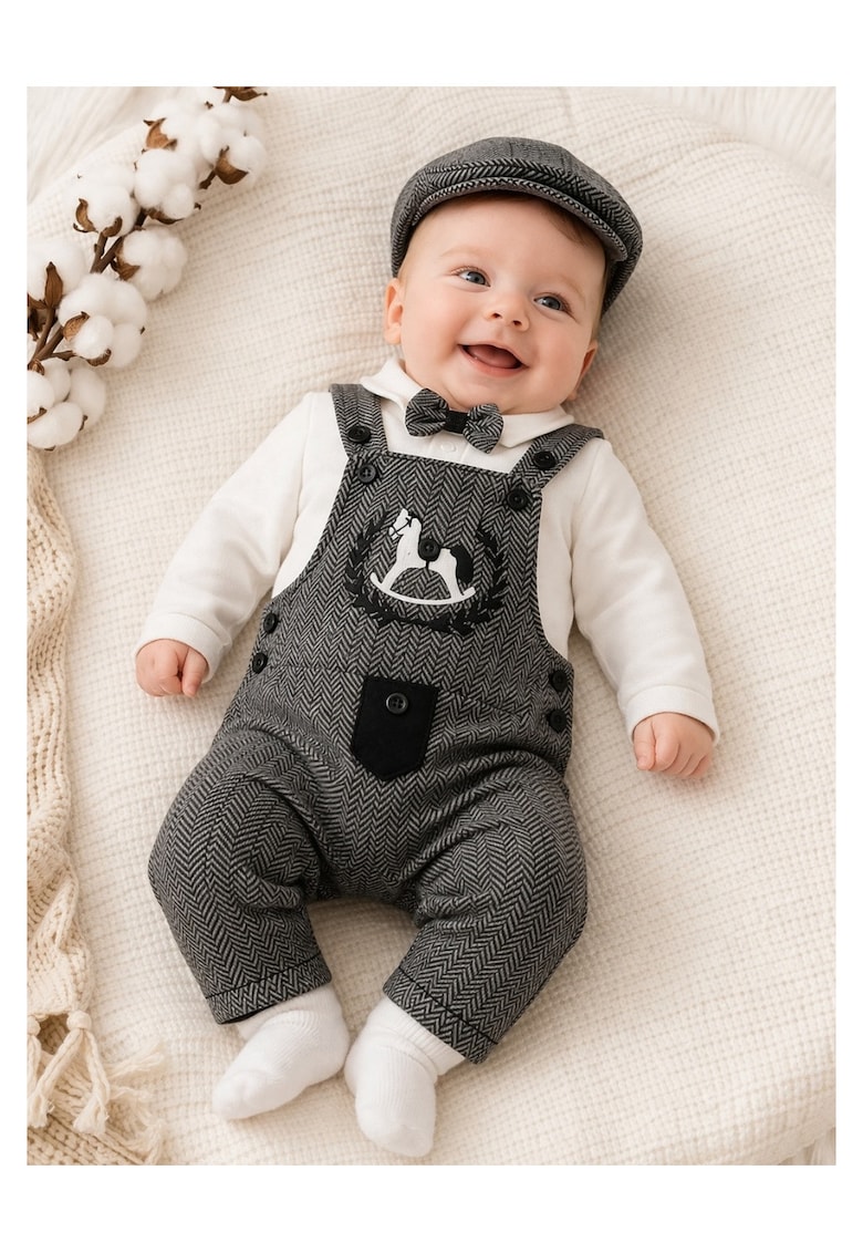 Costumas elegant bebe baiat 3 piese salopeta cu papion camasa si sapca gri