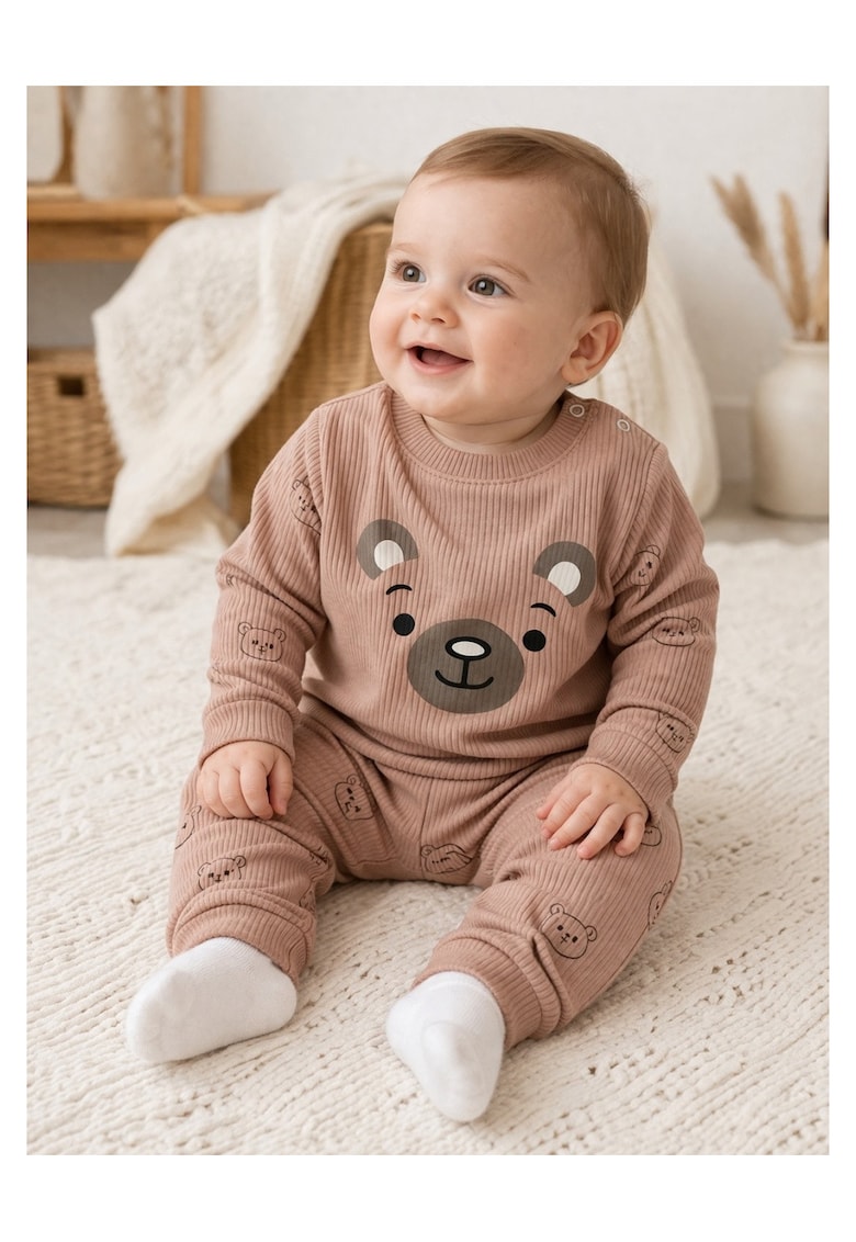 Set bebe 2 piese bumbac ribat maro cu ursulet - bluza pantaloni nou nascut