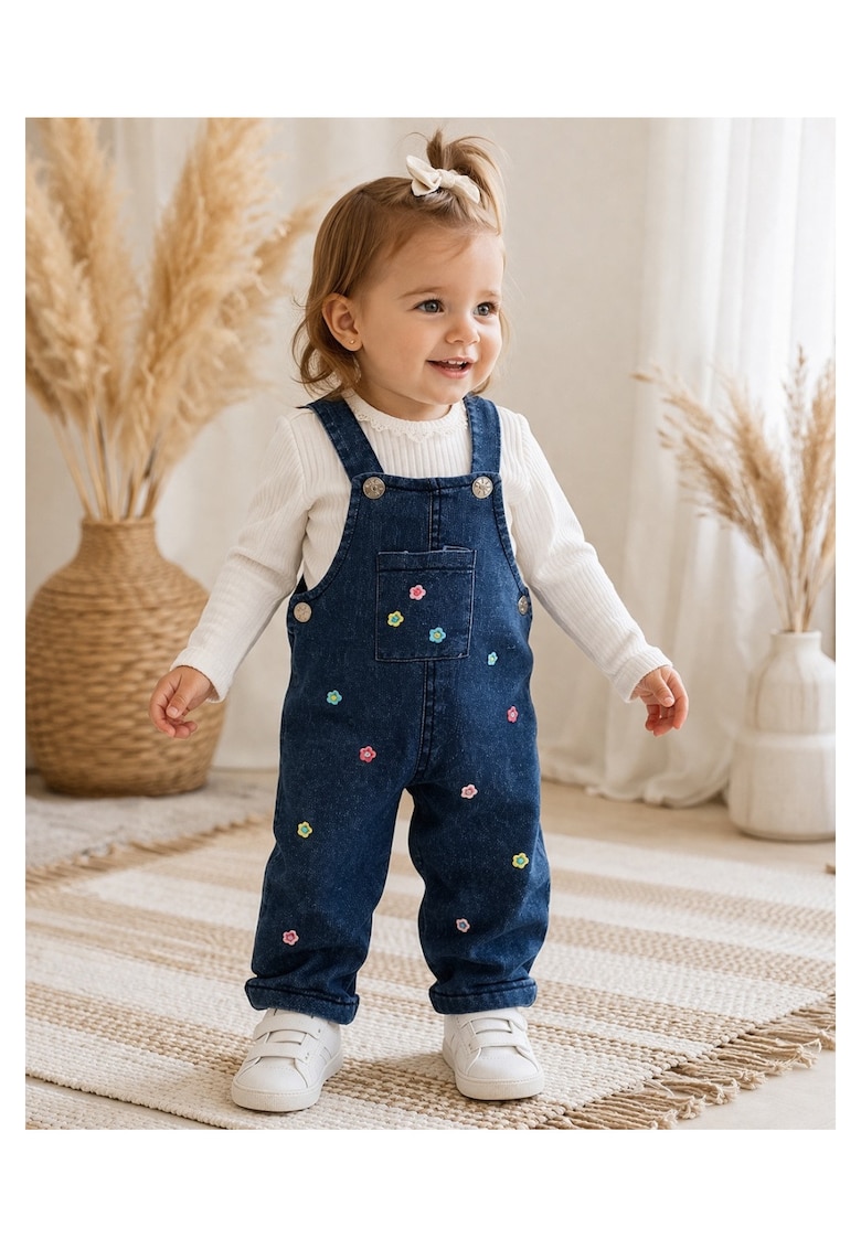 Costumas bebe fetita 2 piese salopeta denim cu floricele si bluza bumbac