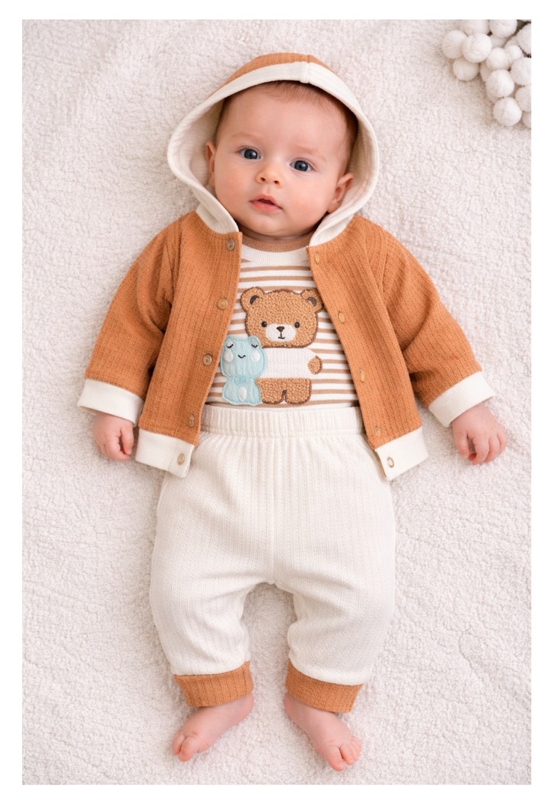 Set bebe baiat 3 piese din bumbac body pantaloni si hanorac cu gluga ursulet Multicolor