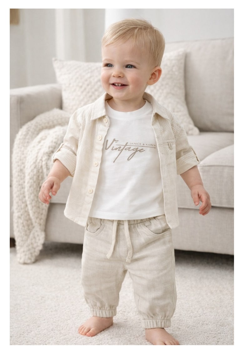 Set baieti 3 piese din in camasa bej tricou si pantaloni casual