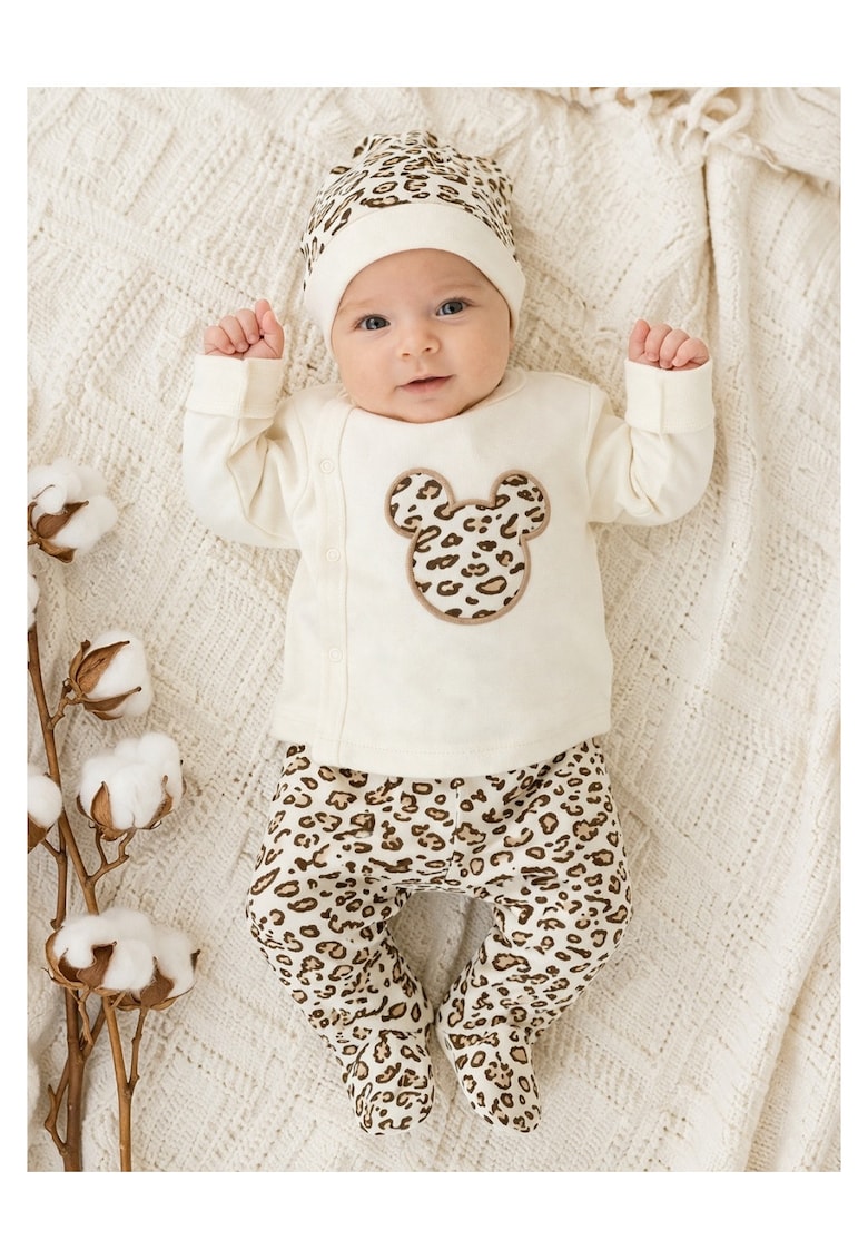 Set bebe 3 piese bumbac animal print leopard - bluza pantaloni caciulita nou nascut - 0-3 luni