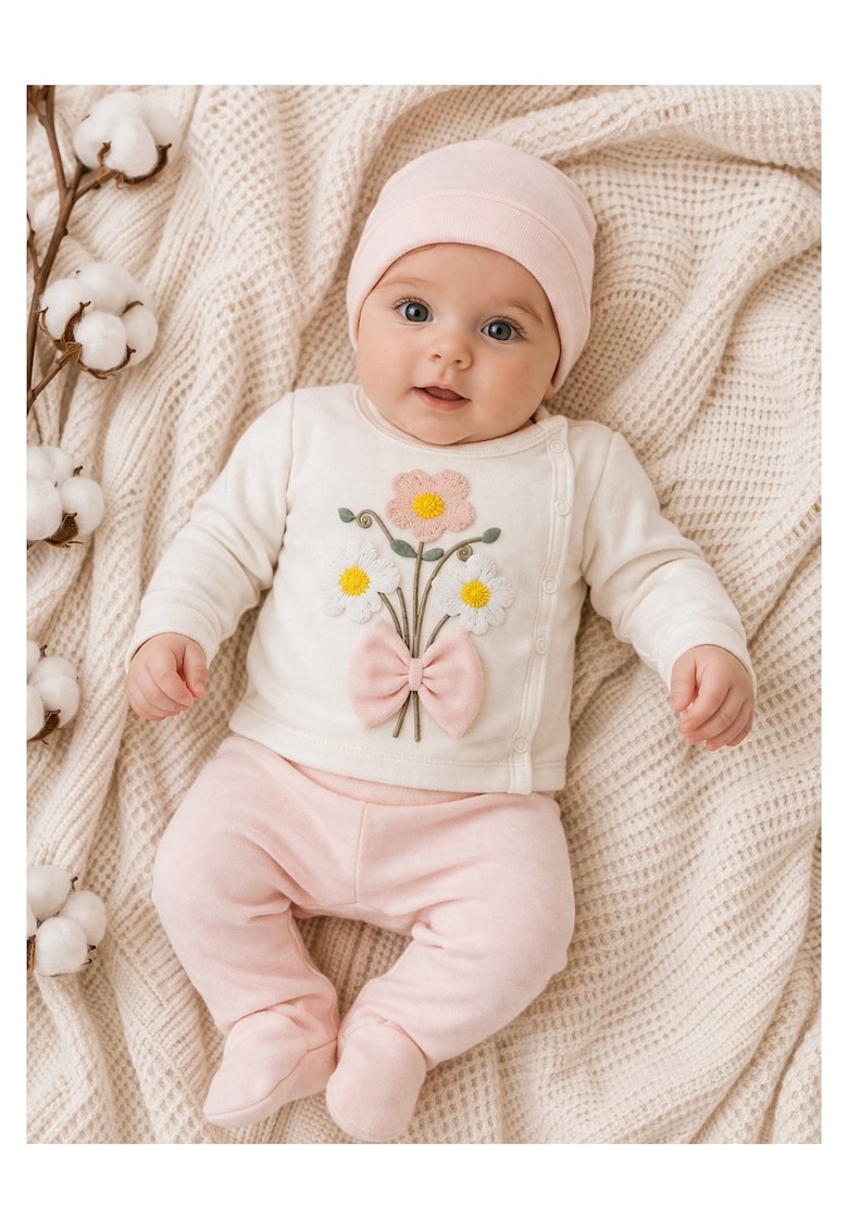Set bebe fetita 3 piese bumbac cu flori si fundita bluza pantaloni caciulita - 0-3 luni