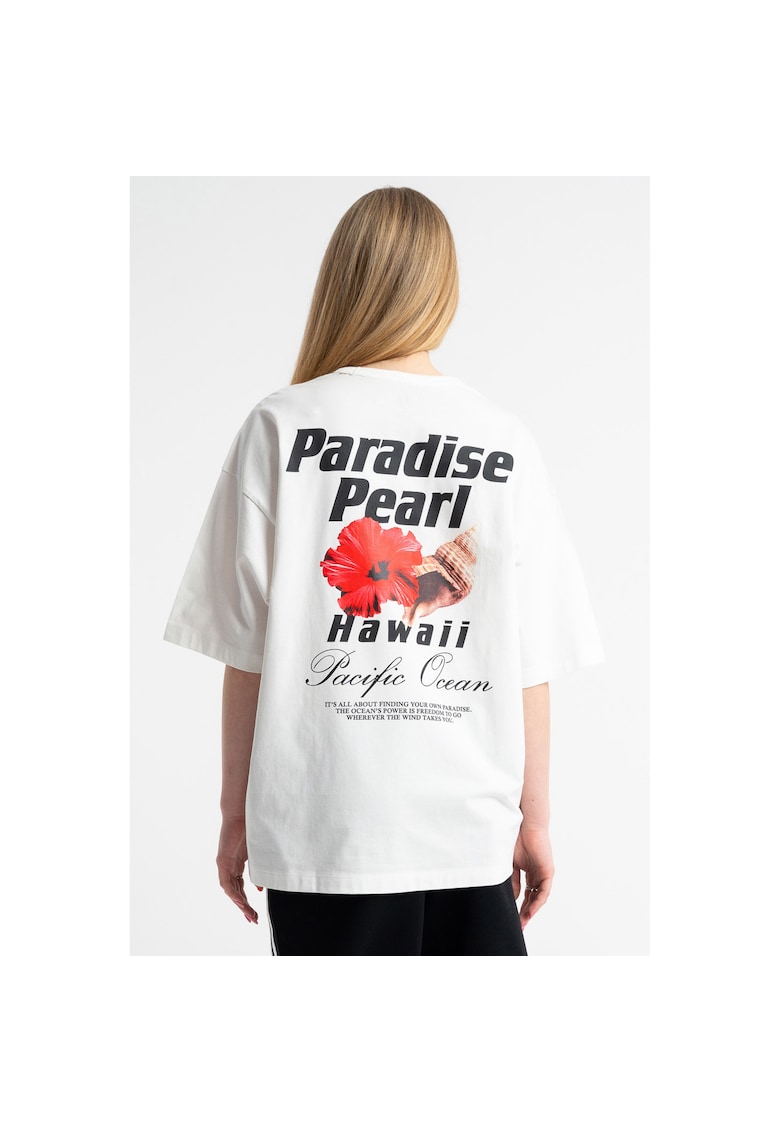 Tricou supradimensionat din bumbac cu imprimeu si maneci cazute