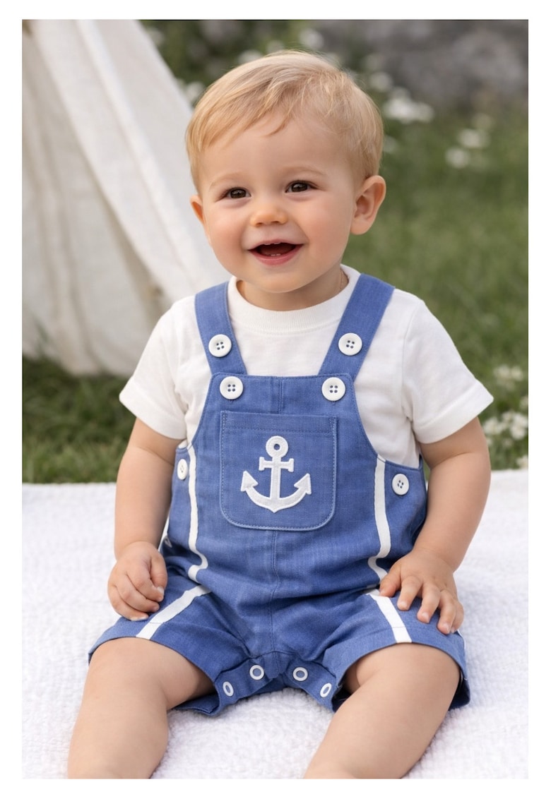 Set vara bebe 2 piese salopeta cu bretele si tricou bumbac model marin