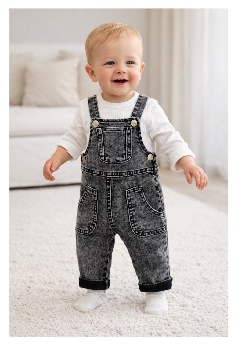Salopeta bebe denim gri cu bluzita bumbac set 2 piese copii casual modern