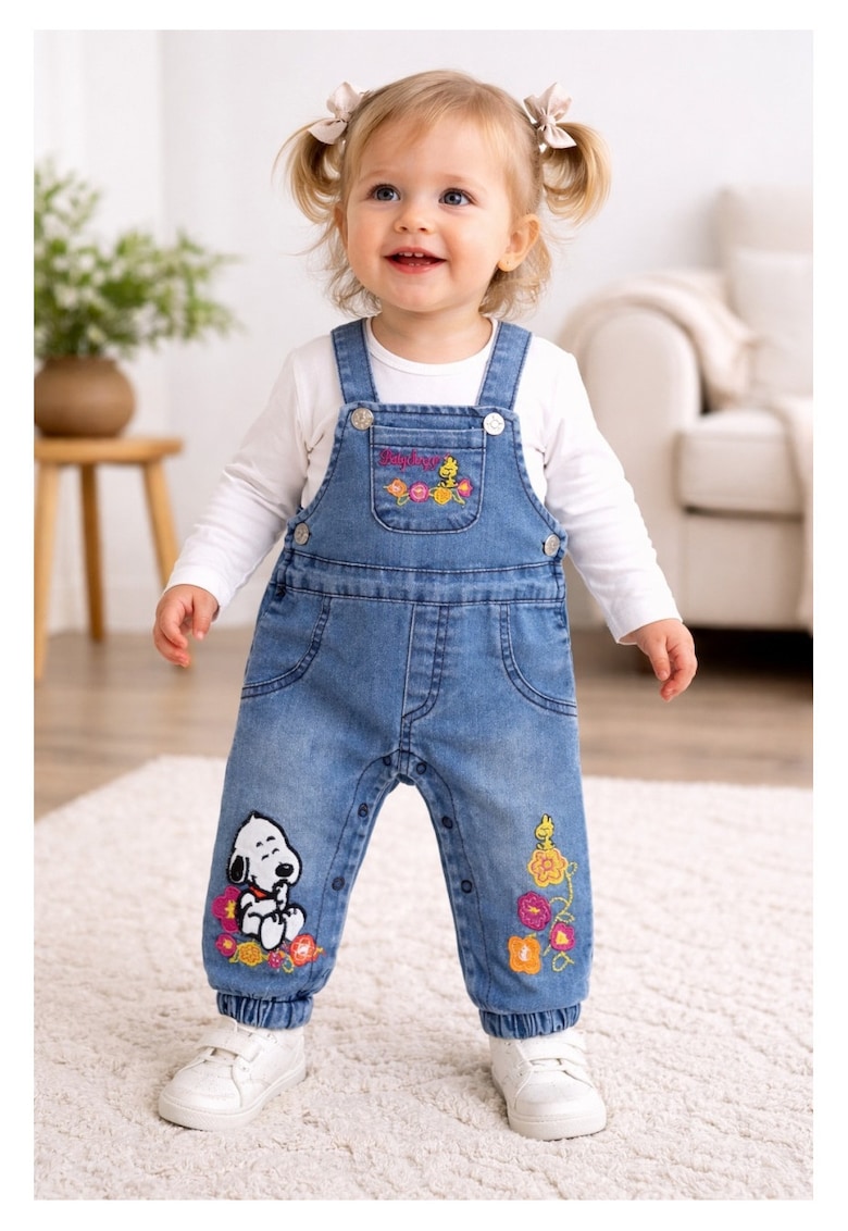 Salopeta bebe denim cu bluza bumbac set 2 piese cu imprimeu colorat casual