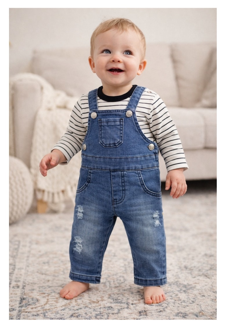 Salopeta bebe din denim cu tricou bumbac set casual copii stil modern