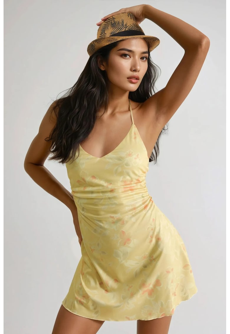 Rochie mini - model floral - galben - tricot