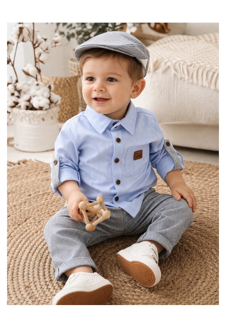 Costumas bebe baiat 3 piese camasa pantaloni si sapca din bumbac