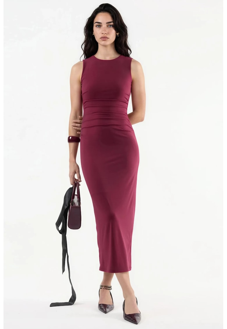Rochie midi - mulata - guler rotund - poliester - visiniu