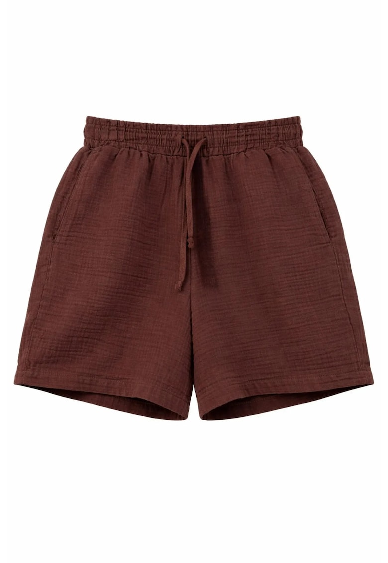 Pantaloni scurti bumbac texturat - talie inalta - Maro