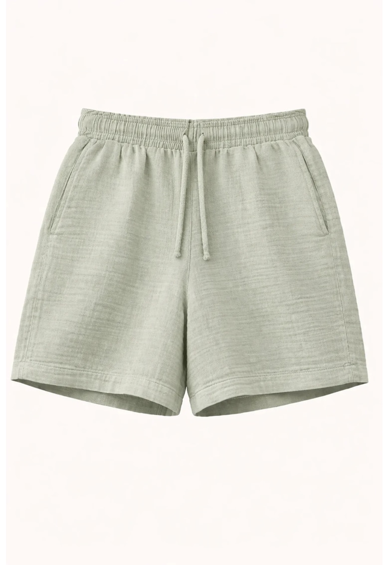 Pantaloni scurti bumbac texturat - talie inalta - Verde salvie