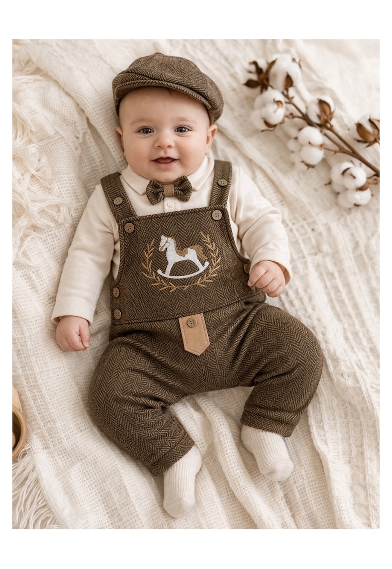 Costumas elegant bebe baiat 3 piese salopeta cu papion si sapca maro