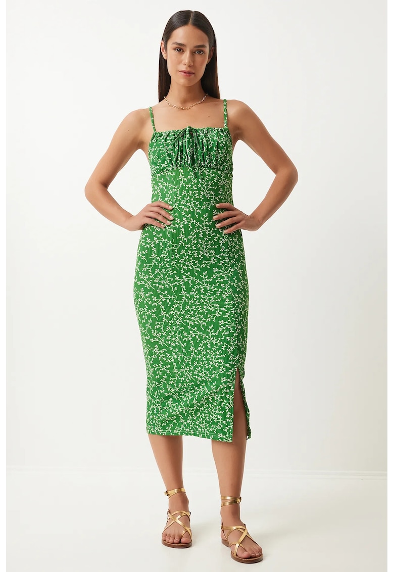 Rochie midi - Happiness Istanbul - poliester - model floral - verde