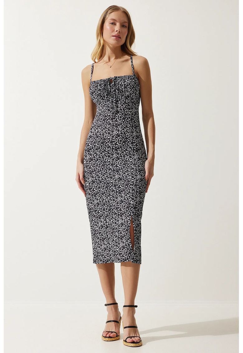 Rochie midi - Happiness Istanbul - model floral - poliester/elastan - negru - elegant -