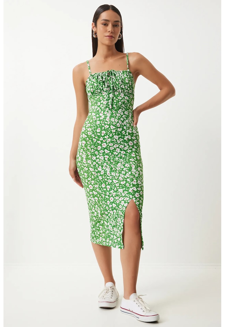 Rochie midi - Happiness Istanbul - model floral - verde - poliester - elegant