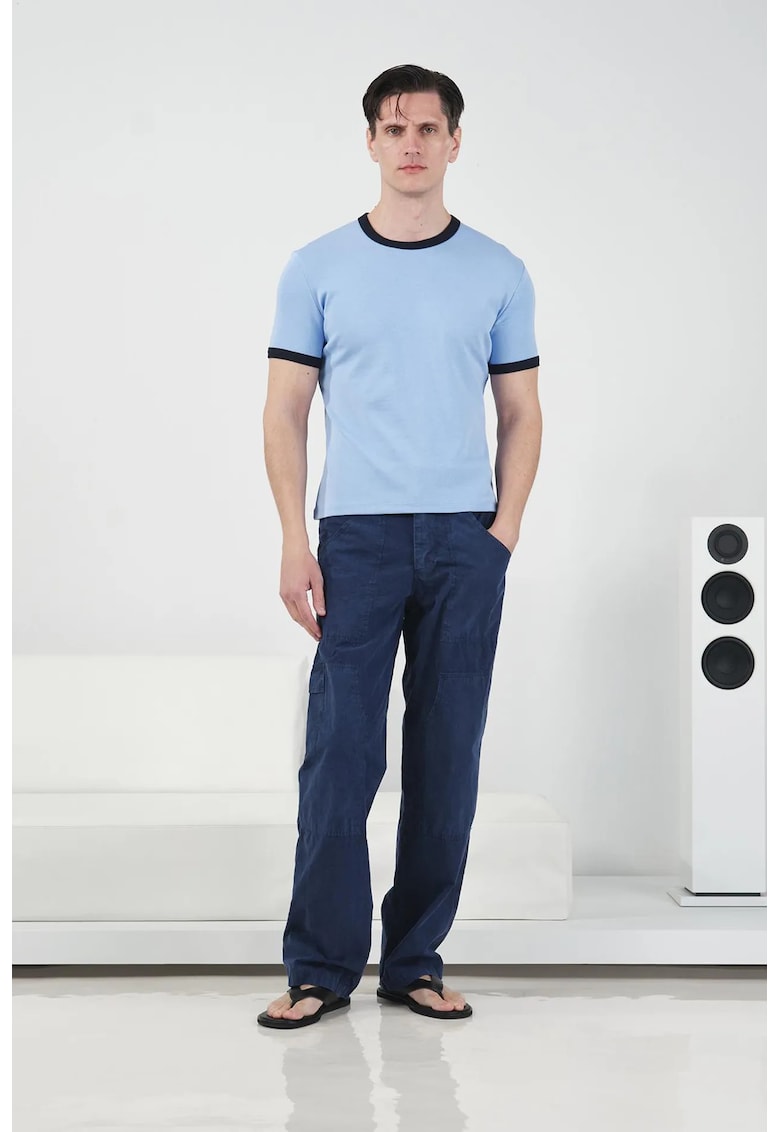 Tricou Barbati - guler rotund - banda contrastanta - Maya Blue - 100% bumbac
