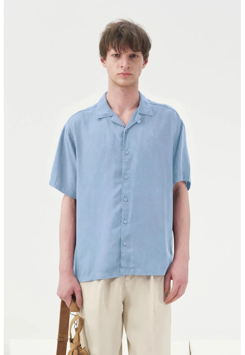 Camasa casual barbati - maneca scurta - albastru - amestec de in si tencel