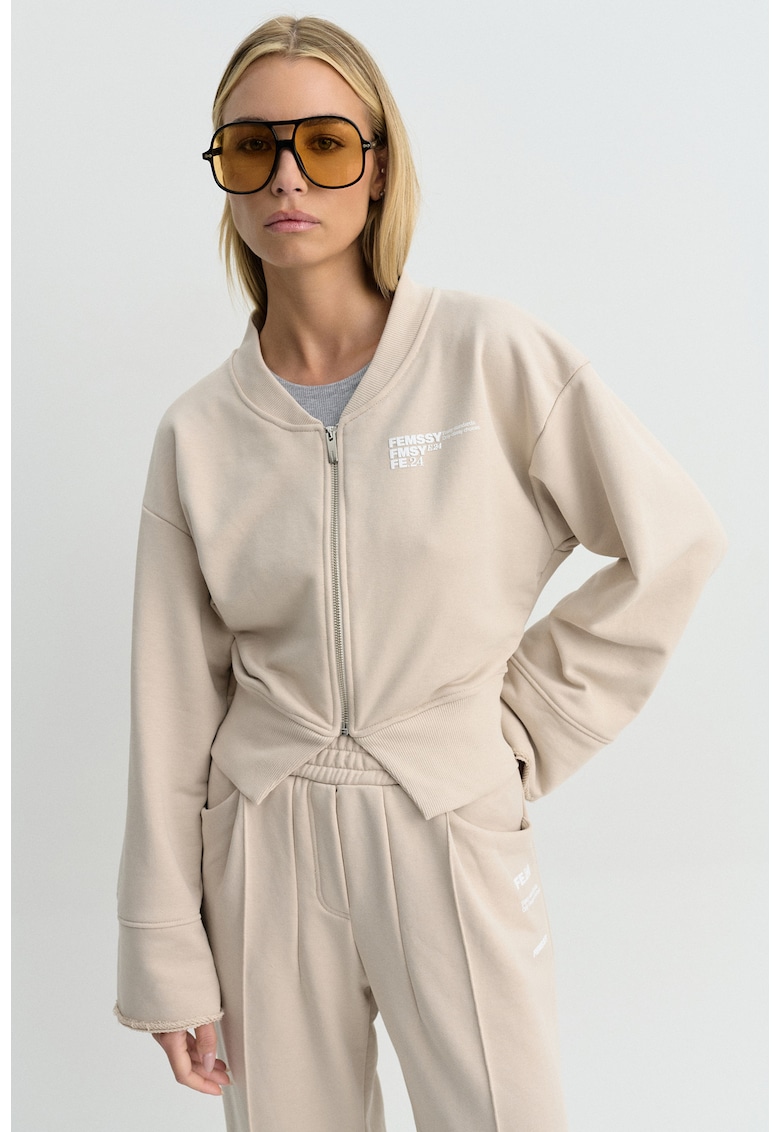 Bluza sport cu fermoar si maneci cazute - Bej - Bej
