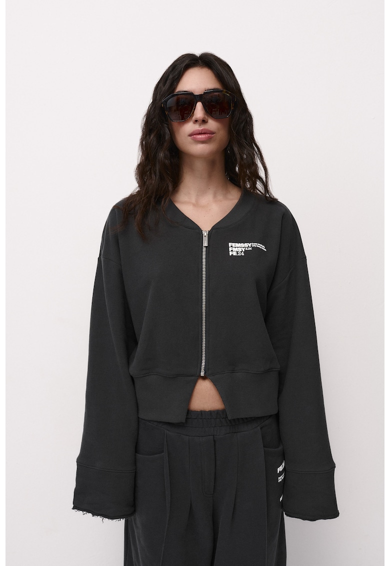 Bluza sport cu fermoar si maneci cazute - Negru - Negru