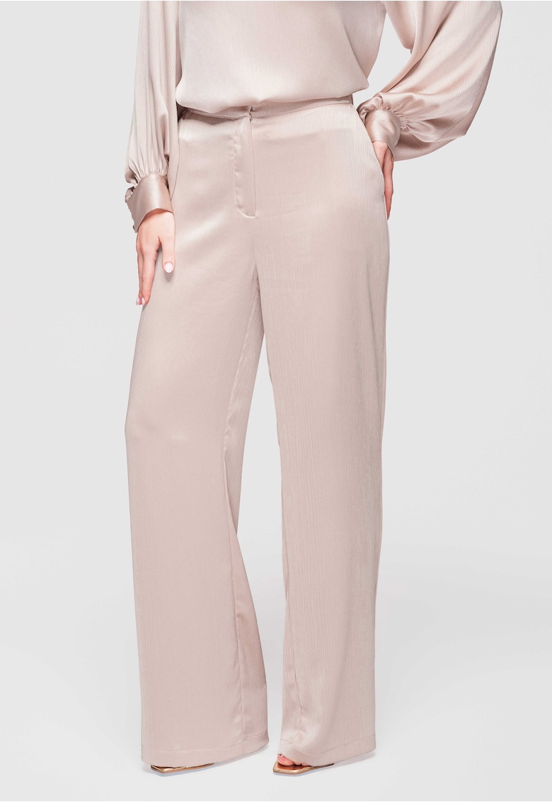 Pantaloni Dama Eleganti cu Talie Medie si Croiala Larga din Satin - Bej