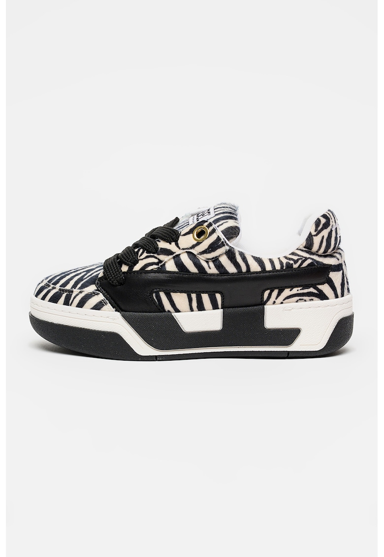 Pantofi sport Ollie din piele cu par scurt si animal print - Alb fildes/Negru