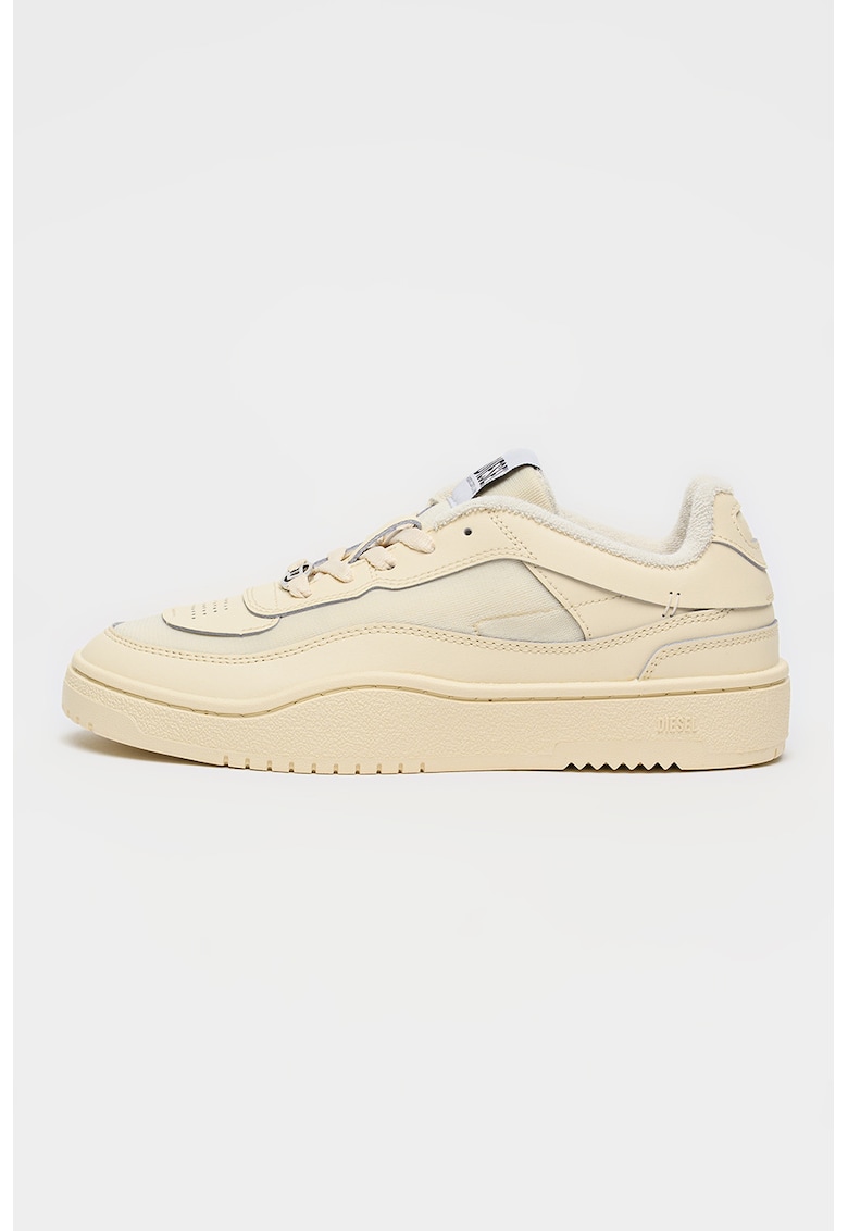 Pantofi sport low-cut cu varf oval si segmente din piele - Crem