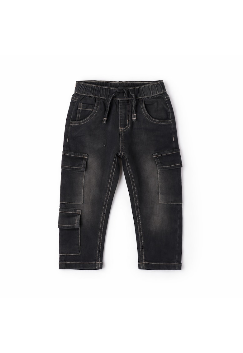 Pantaloni baieti iDO tip cargo denim elastic din bumbac talie reglabila si snur croiala balloon fit Gri inchis