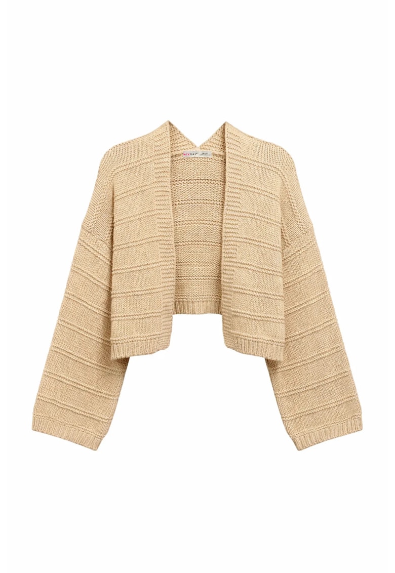 Cardigan tricotat - decolteu in V - dungat - tan natural - 50% acril - 50% bumbac -