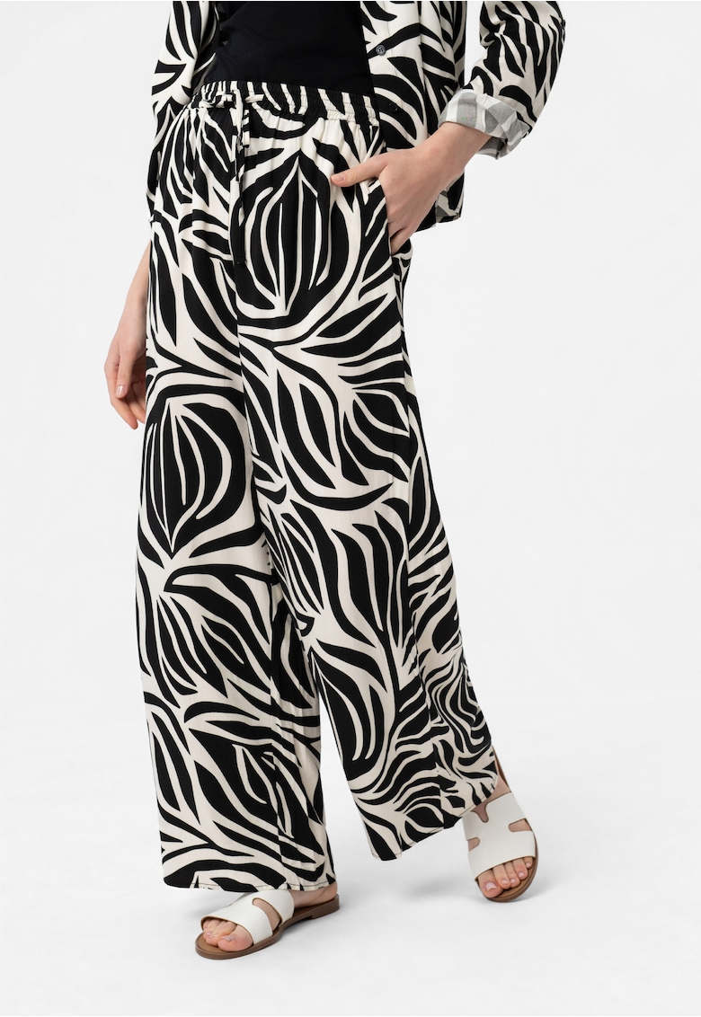 Pantaloni lejeri dama din viscoza cu model floral - talie elastica cu snur - Comfort Fit - R-Dolana - negru - Negru