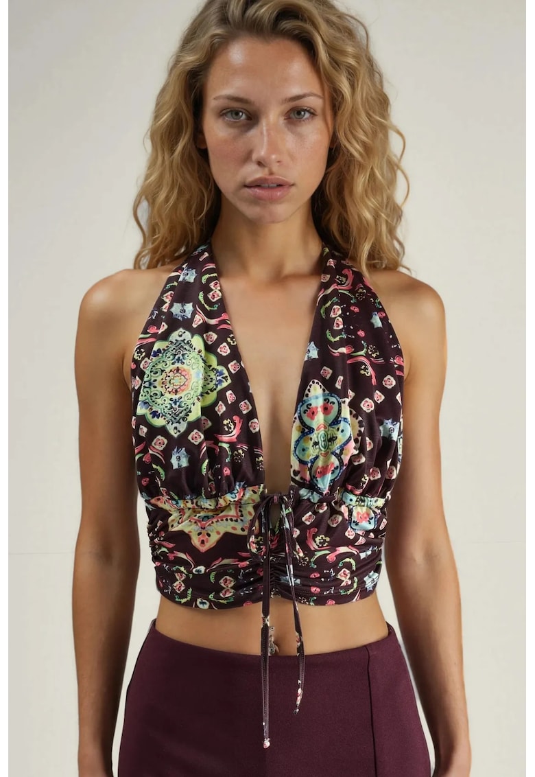 Top scurt cu imprimeu etnic - guler halter - maro - poliester -