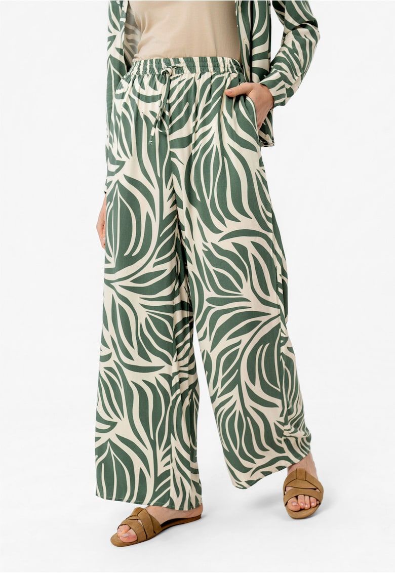Pantaloni lejeri dama din viscoza cu model floral - talie elastica cu snur - Comfort Fit - R-Dolana - verde - Verde