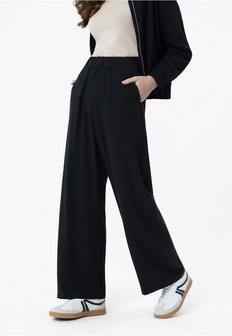 Pantaloni largi dama cu viscoza si in - Comfort Fit - 2 buzunare frontale - talie elastica - R-Nette - negru - Negru