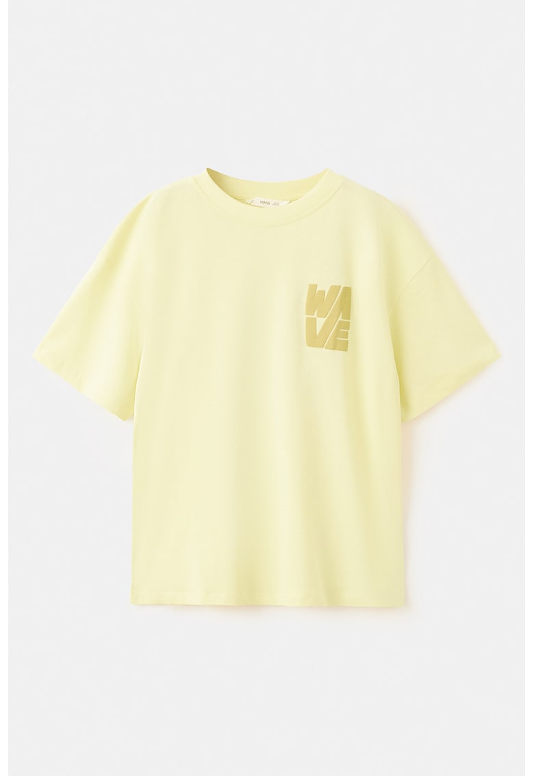 Tricou cu decolteu la baza gatului si imprimeu text - Galben pal/Galben mustar