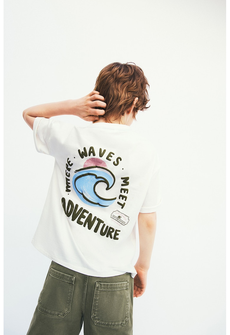 Tricou de bumbac cu imprimeu - Alb/Kaki inchis/Albastru deschis