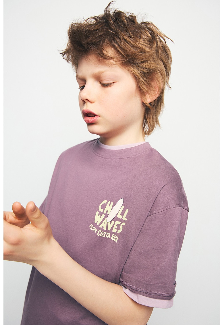 Tricou cu imprimeu si maneci cazute - Albastru prafuit/Galben pai/Violet prafuit