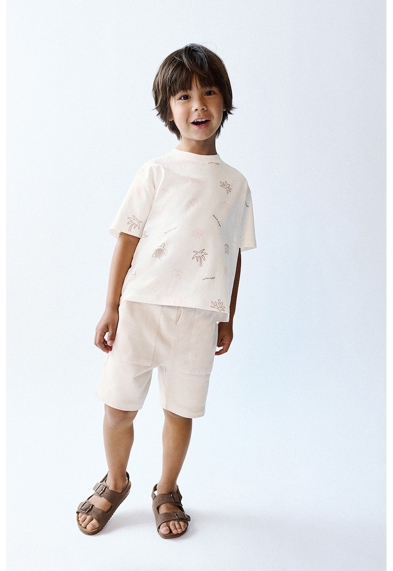 Pantaloni scurti de bumbac cu talie medie - Alb fildes
