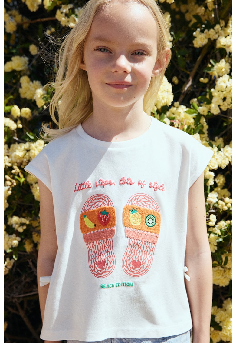 Tricou cu imprimeu si maneci aripioara - Alb/Portocaliu/Roz pastel