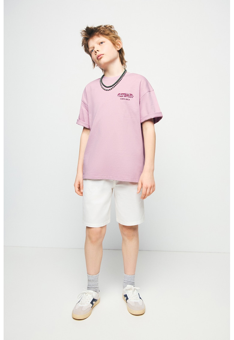 Tricou cu imprimeu si decolteu la baza gatului - Violet tyrian/Roz prafuit