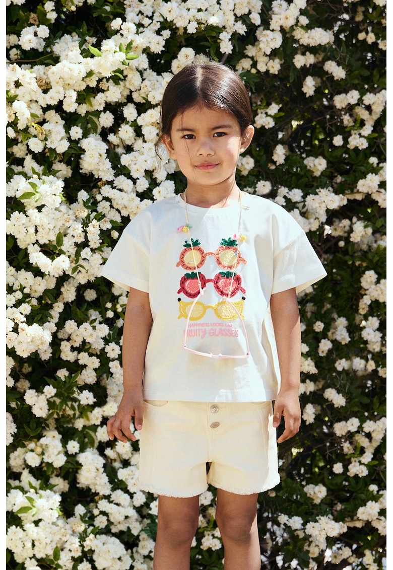 Tricou de bumbac cu model brodat - Alb/Galben/Roz