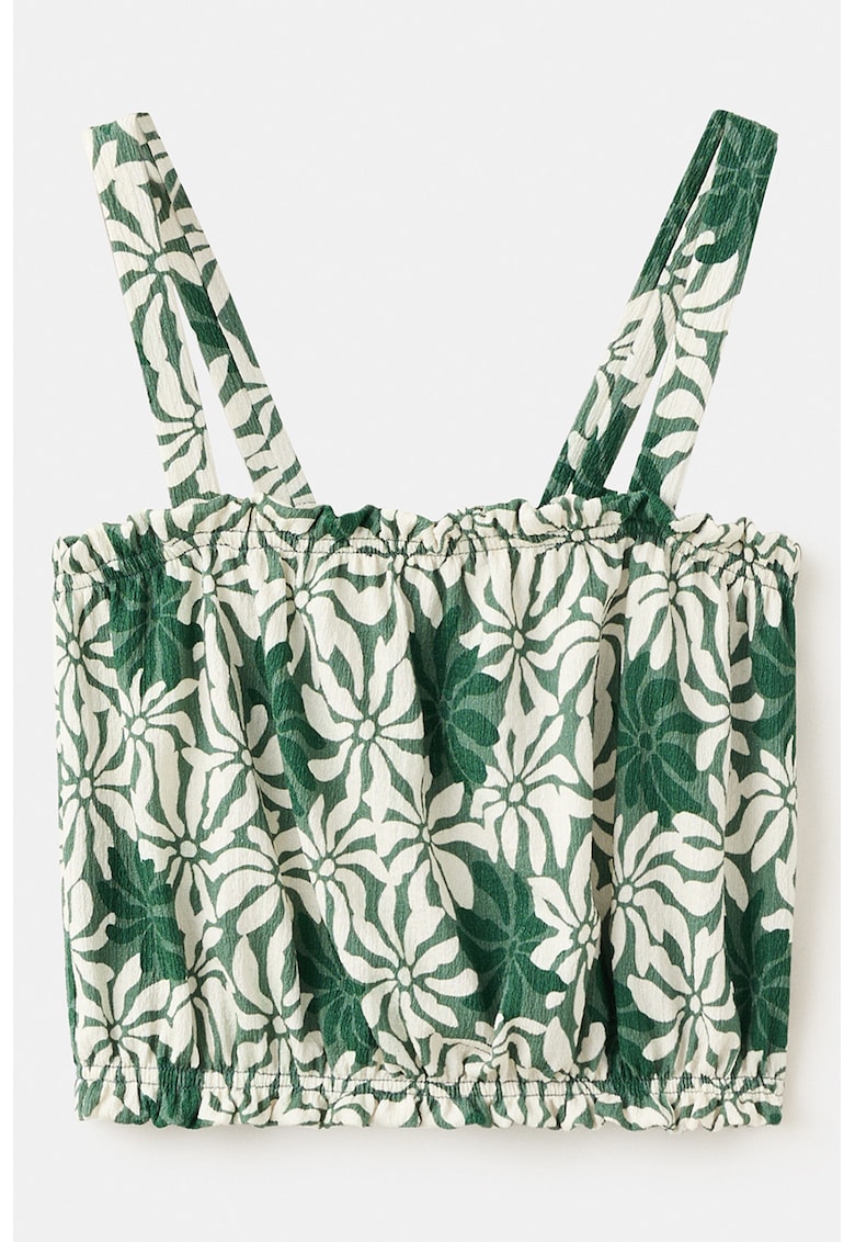 Top cu model floral si decolteu patrat - Verde inchis/Alb murdar