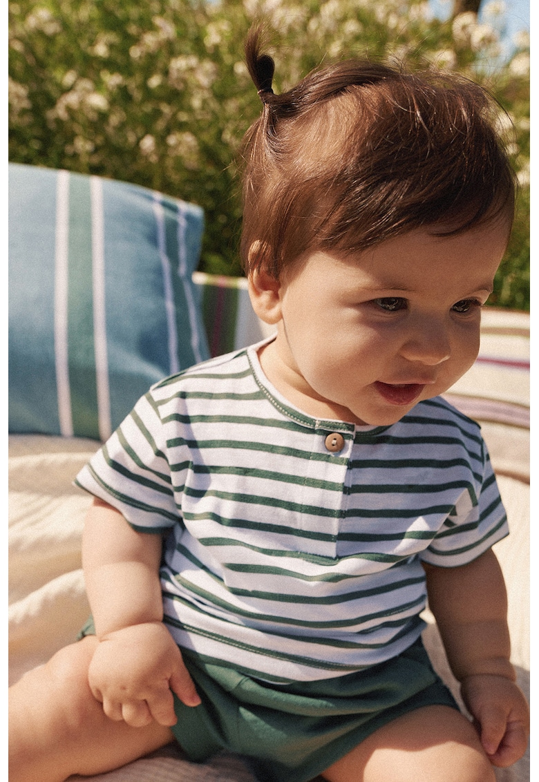 Tricou cu model in dungi cu fenta cu nasturi - Verde inchis/Alb murdar
