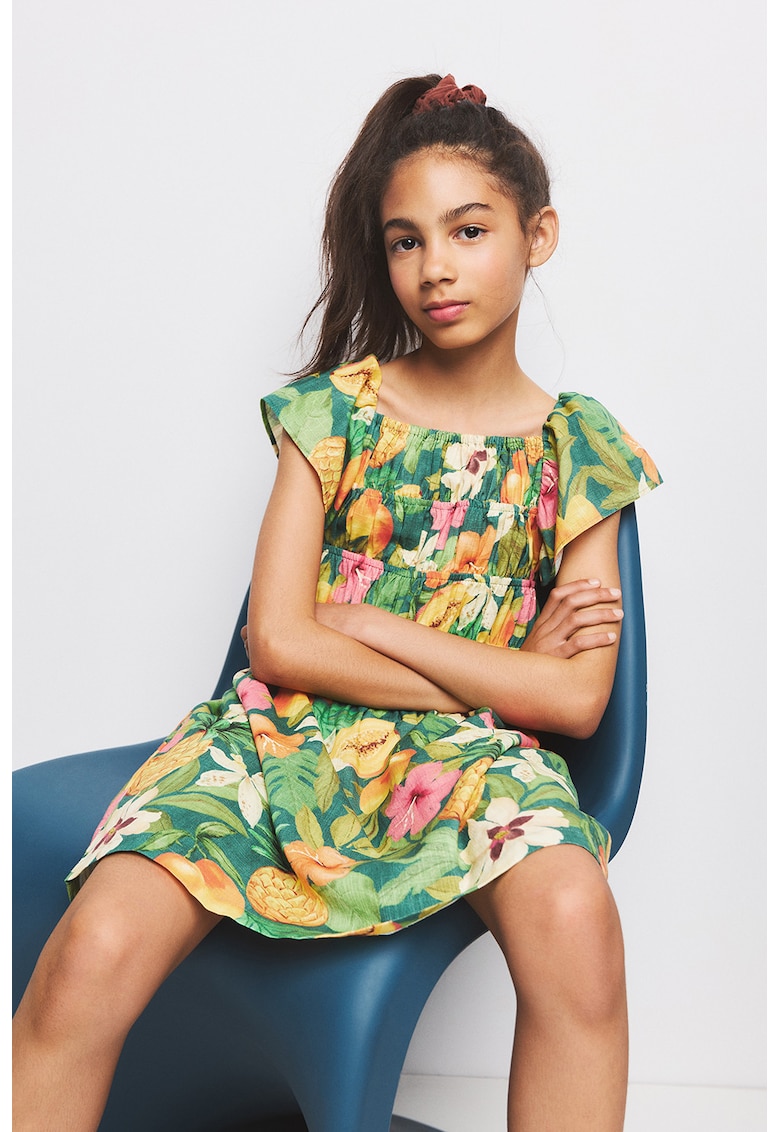 Rochie de bumbac cu imprimeu tropical - Verde/Multicolor