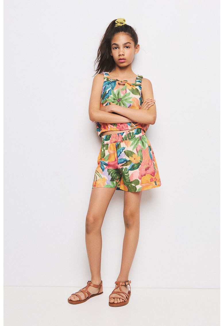 Top cu decolteu patrat si imprimeu tropical - Verde/Multicolor