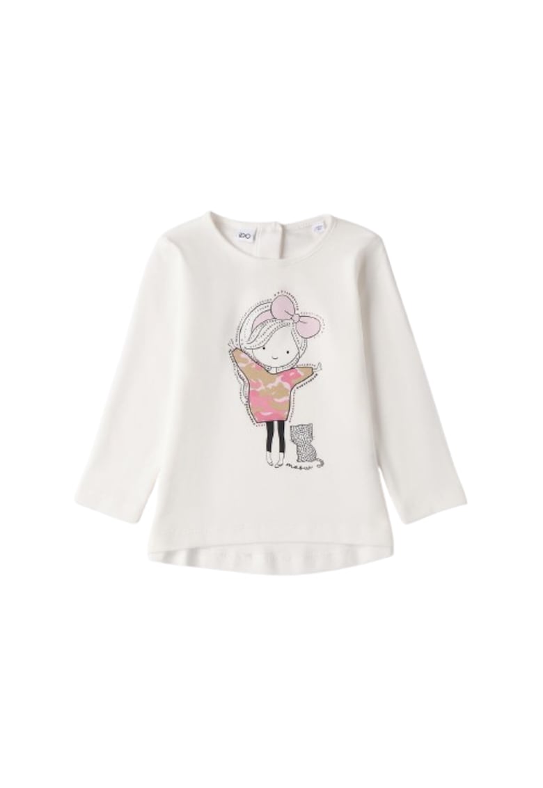 Bluza fete iDO maxi din bumbac interlock cu imprimeu si strasuri decorative Crem