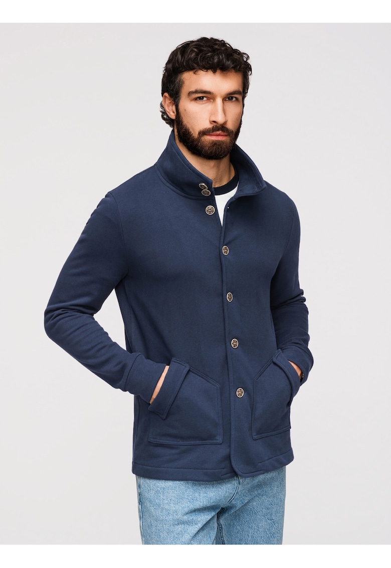 Bluza Barbati Cu Guler Inalt si Inchidere cu Butoni - Bumbac si Poliester - Croiala Regulara - Bleumarin