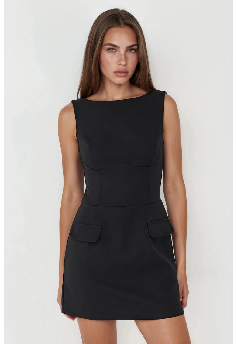 Rochie mini - decolteu barca - fara maneci - negru - poliester/elastan