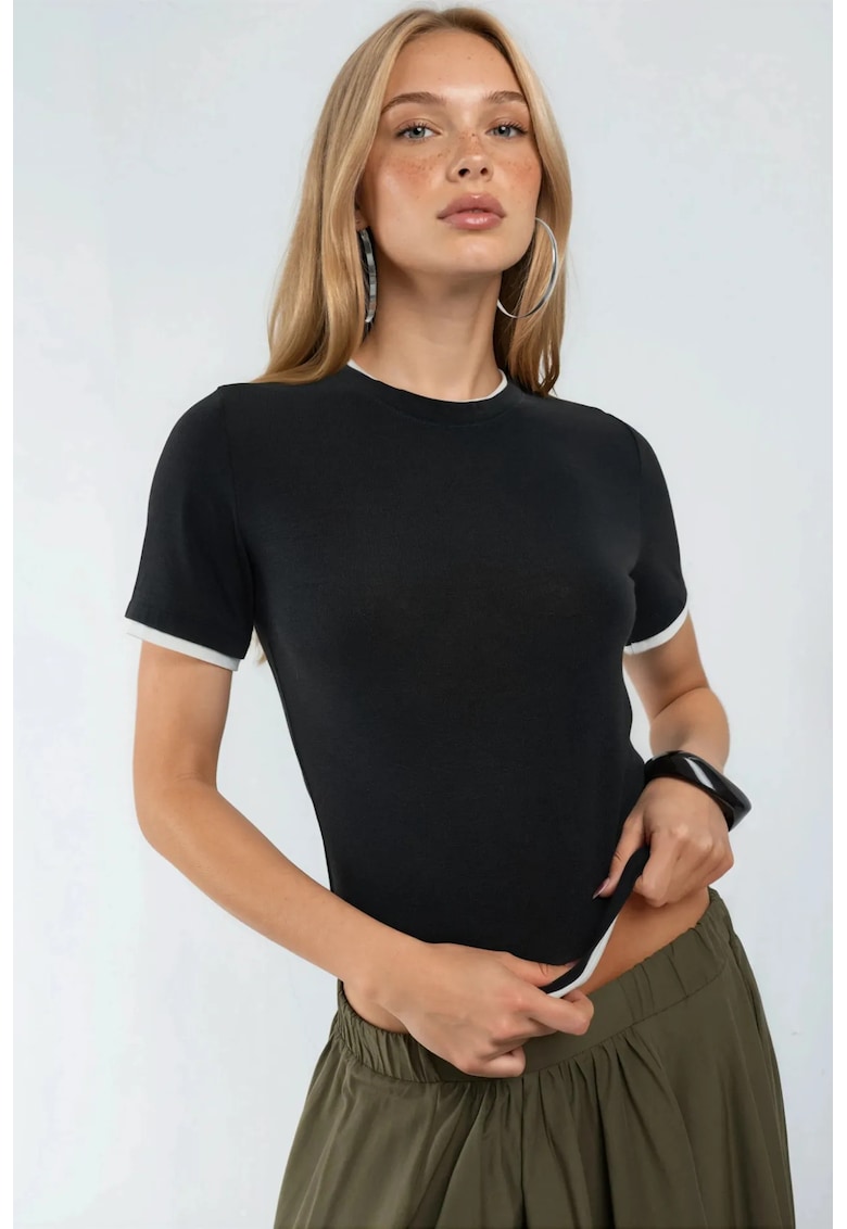Tricou dama - guler rotund - blocuri de culoare - negru - bumbac - poliamida - lycra