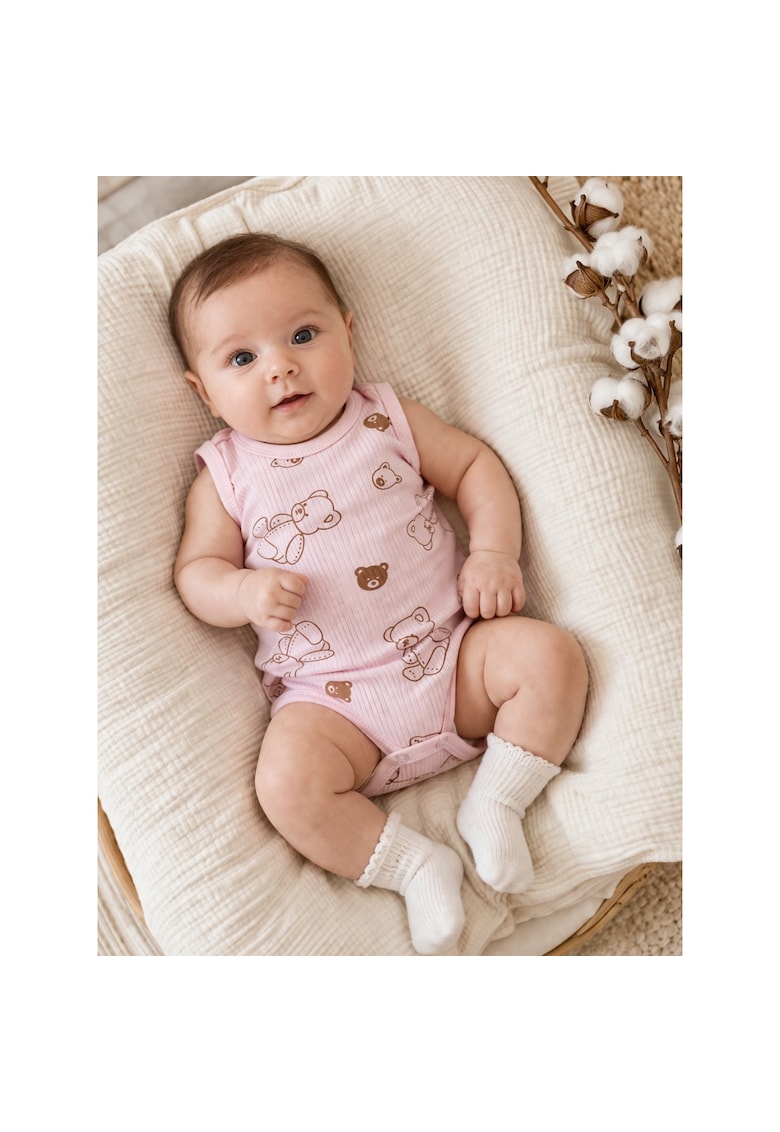 Body bebelusi roz din bumbac ribat cu ursuleti fara maneci confort premium